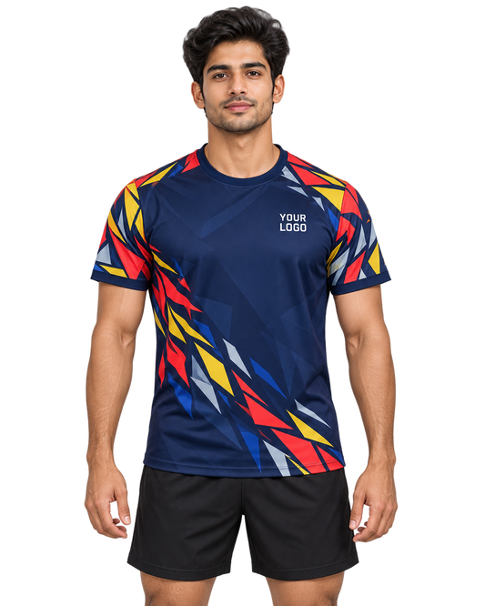 Nova Shard custom round-neck sports jersey front view on model wearing plain black sports shorts