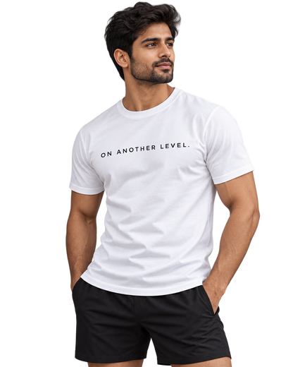 On Another Level white cotton T-shirt angled view