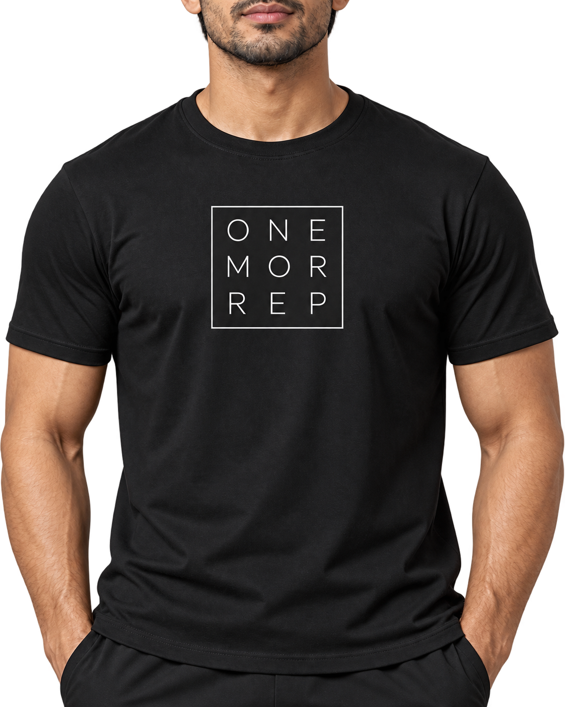 SWANKYFY ONE MOR REP regular fit cotton T-shirt black-detail, Indian model transparent background