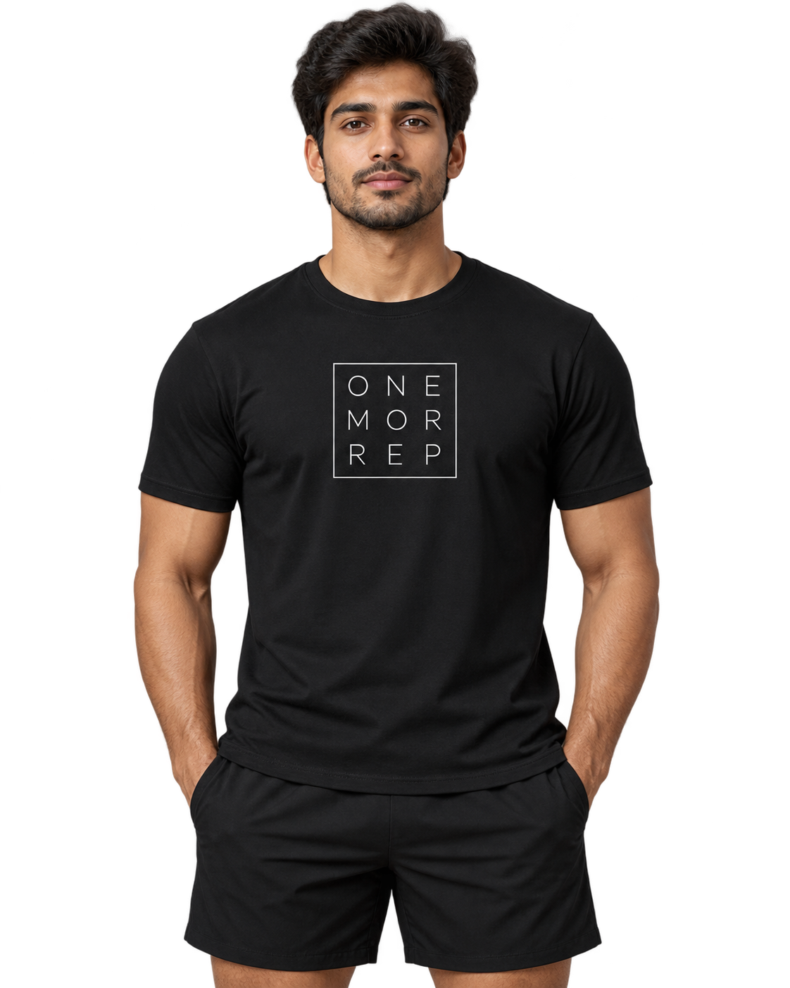 SWANKYFY ONE MOR REP regular fit cotton T-shirt black-front, Indian model transparent background