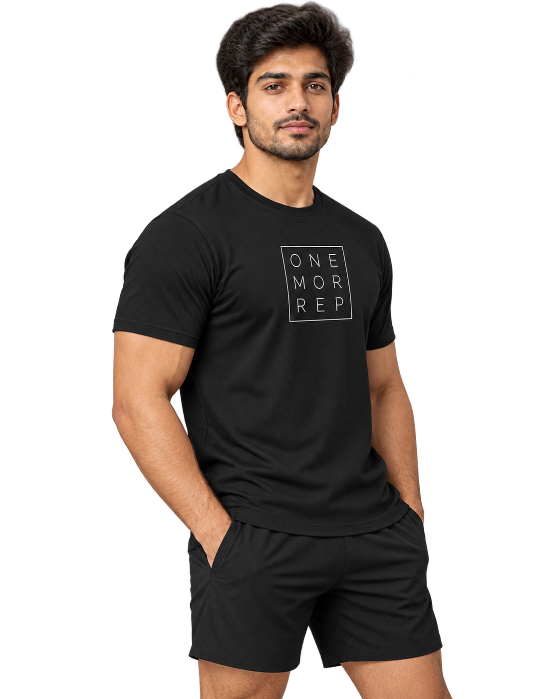 SWANKYFY ONE MOR REP regular fit cotton T-shirt black-side, Indian model transparent background