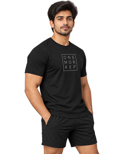 SWANKYFY ONE MOR REP regular fit cotton T-shirt black-side, Indian model transparent background