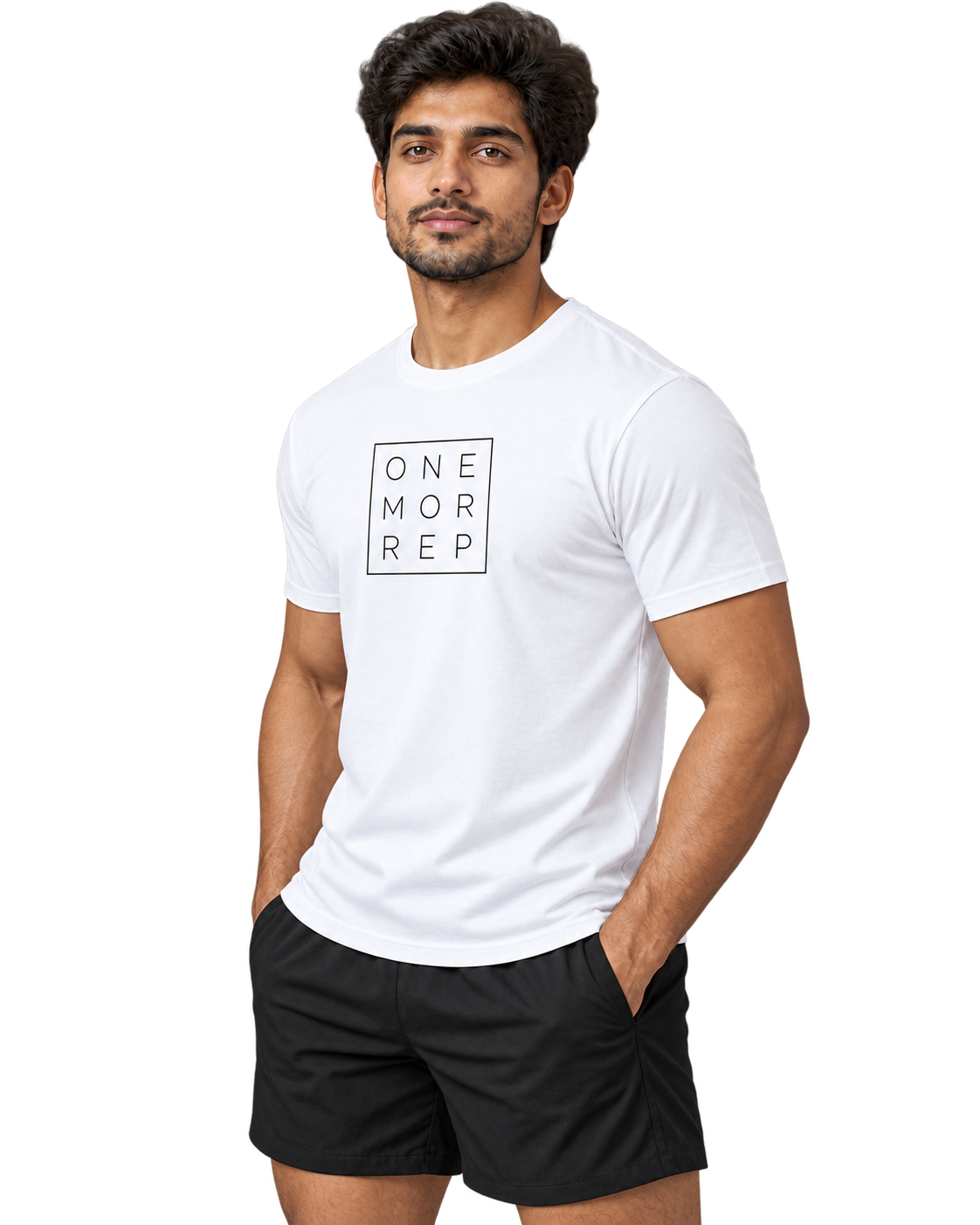 SWANKYFY ONE MOR REP regular fit cotton T-shirt white-side, Indian model transparent background