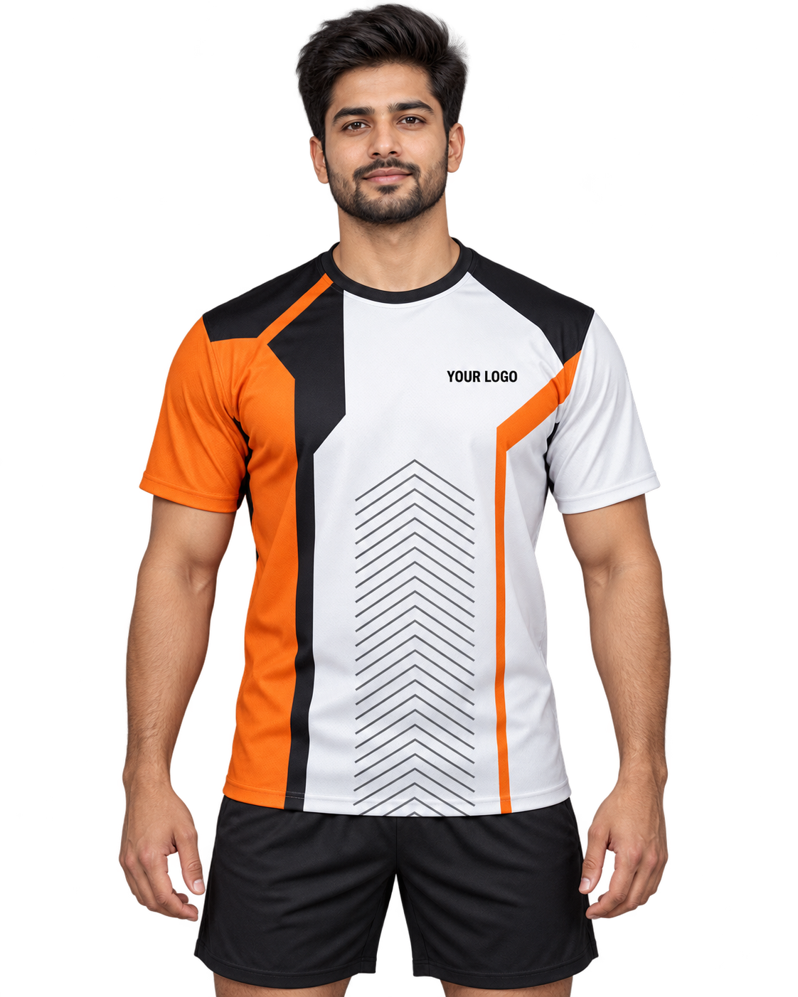 Orange Apex custom sports jersey front view on Indian male model