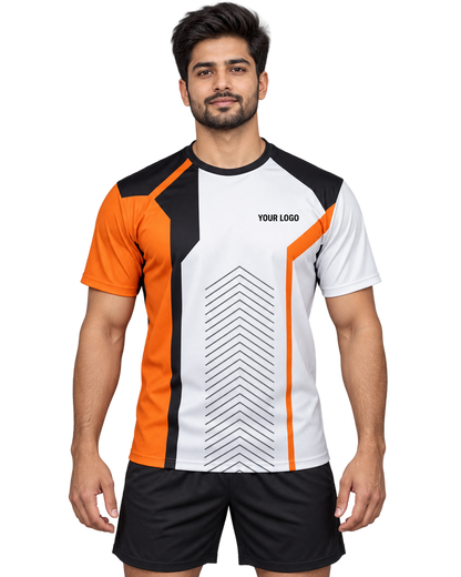 Orange Apex custom sports jersey front view on Indian male model