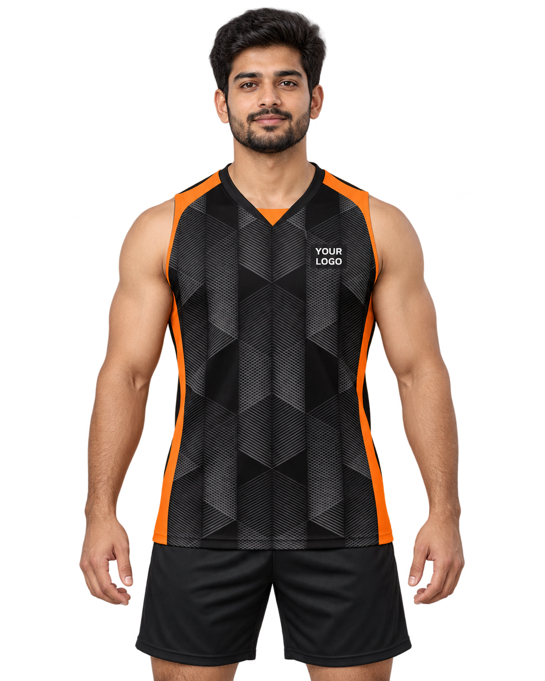 Orange Hexmesh sleeveless V-neck jersey front view