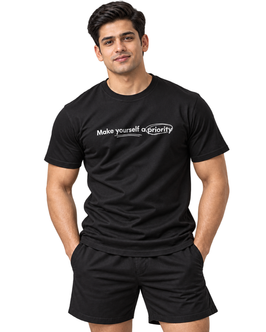 Priority black T-shirt DTF following fabric folds