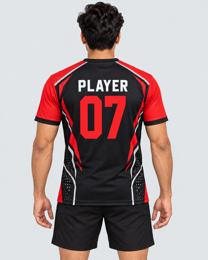 Back view: PLAYER 07 on black and red custom sports jersey