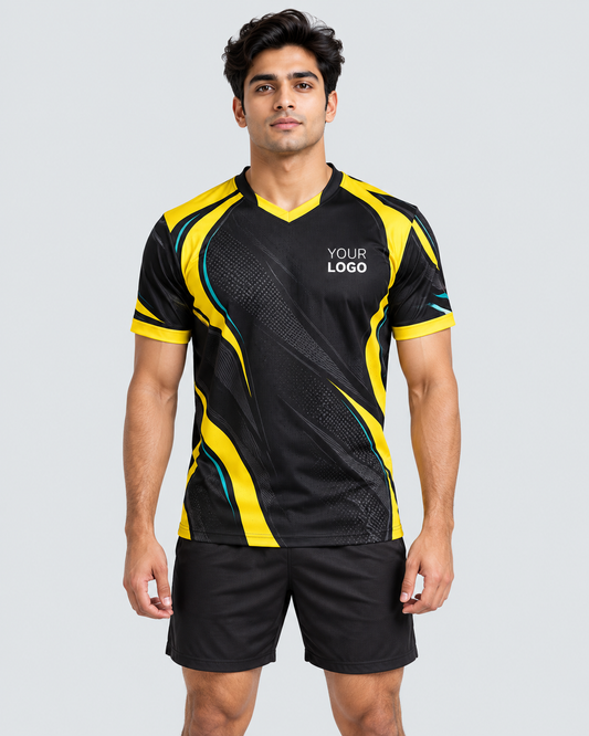 Front view of Indian model wearing the original black, yellow and teal Volt Strike custom V-neck jersey with YOUR LOGO placeholder