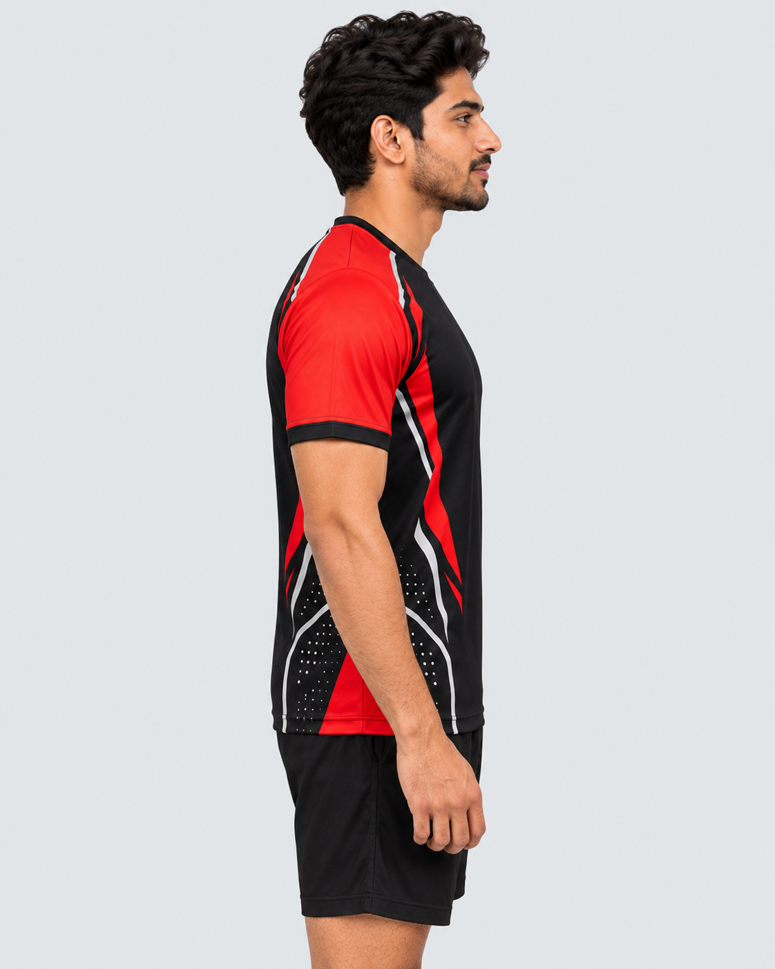 Opposite side profile of the jersey on model