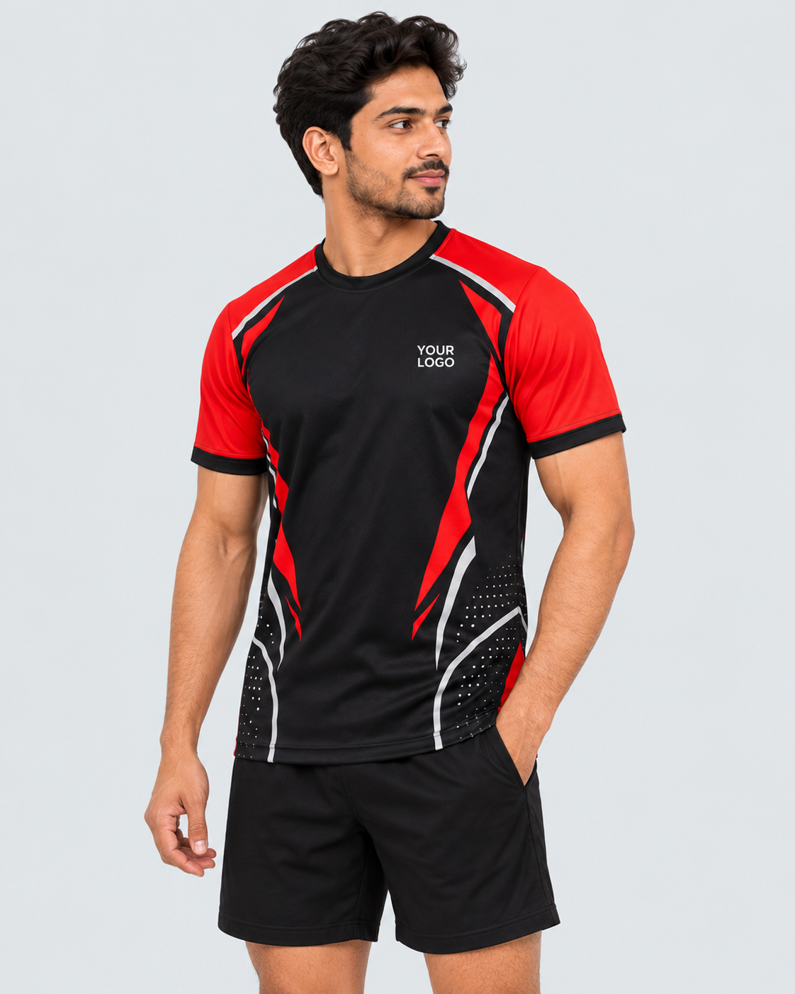 Three-quarter view of the jersey on model with YOUR LOGO placeholder