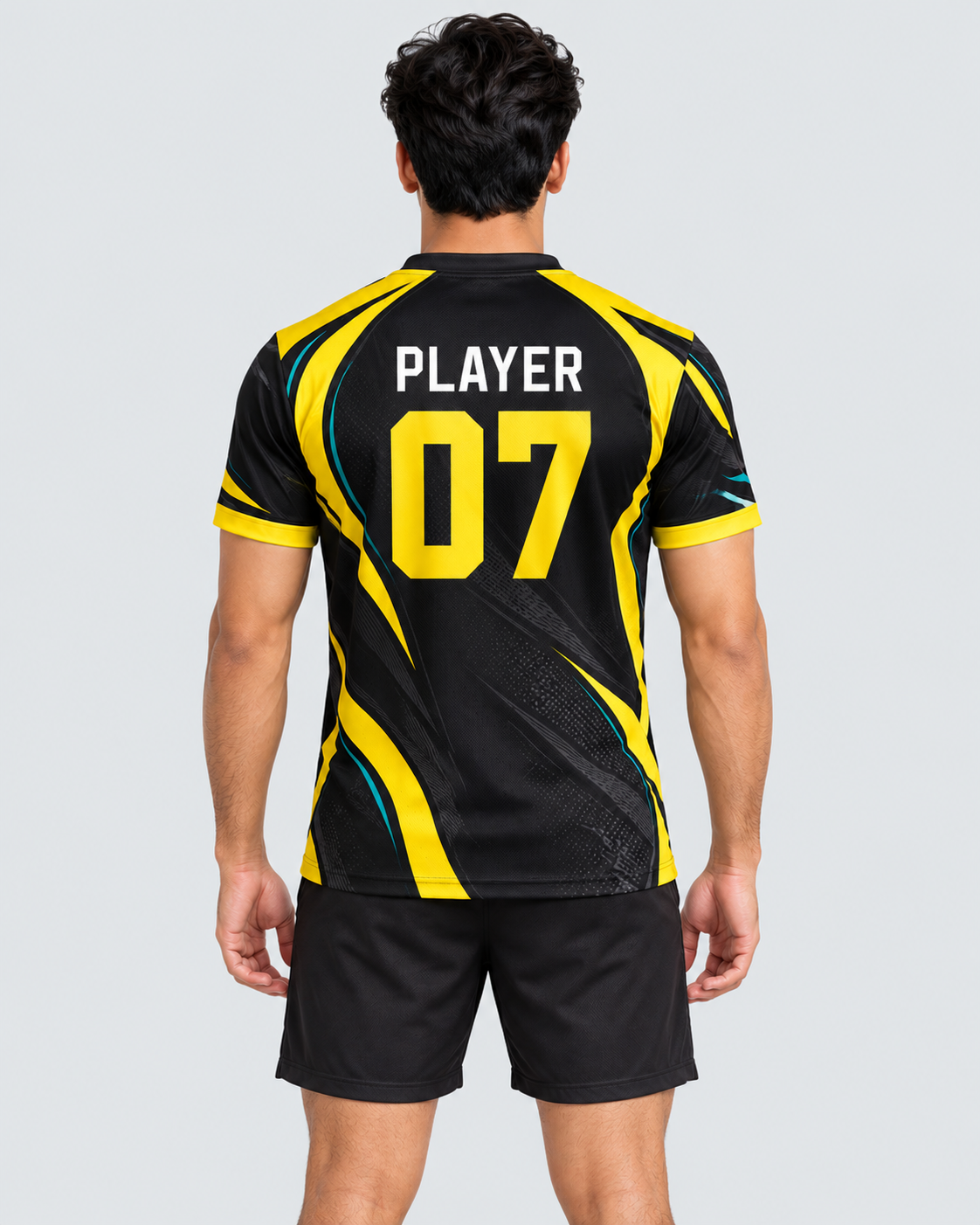 Back view of Indian model in black, yellow and teal jersey with PLAYER 07 placeholder