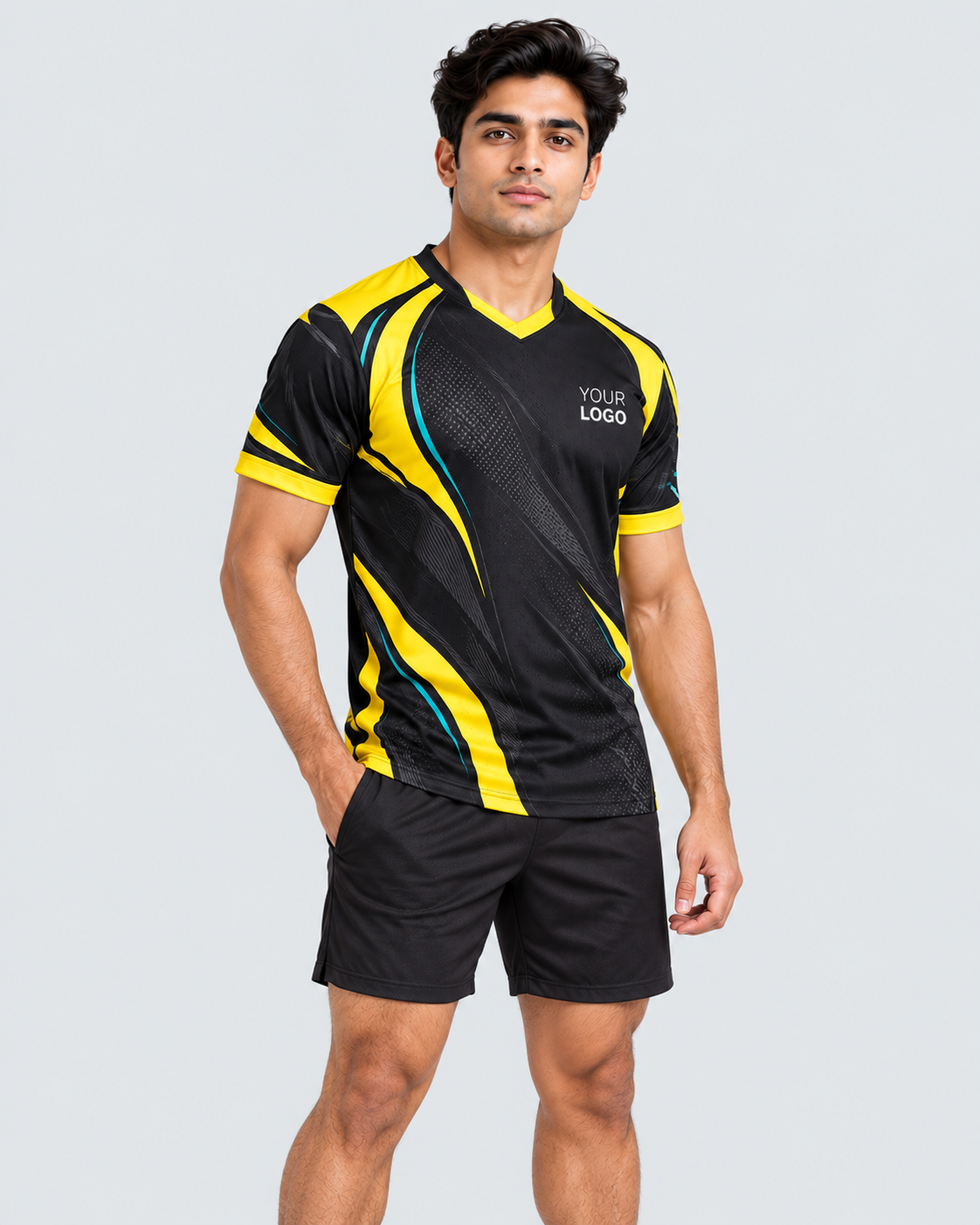 Three-quarter front view of Indian model in black, yellow and teal custom V-neck jersey