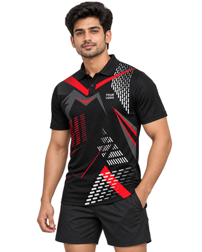 Red Geometric Dash sports polo front three-quarter view