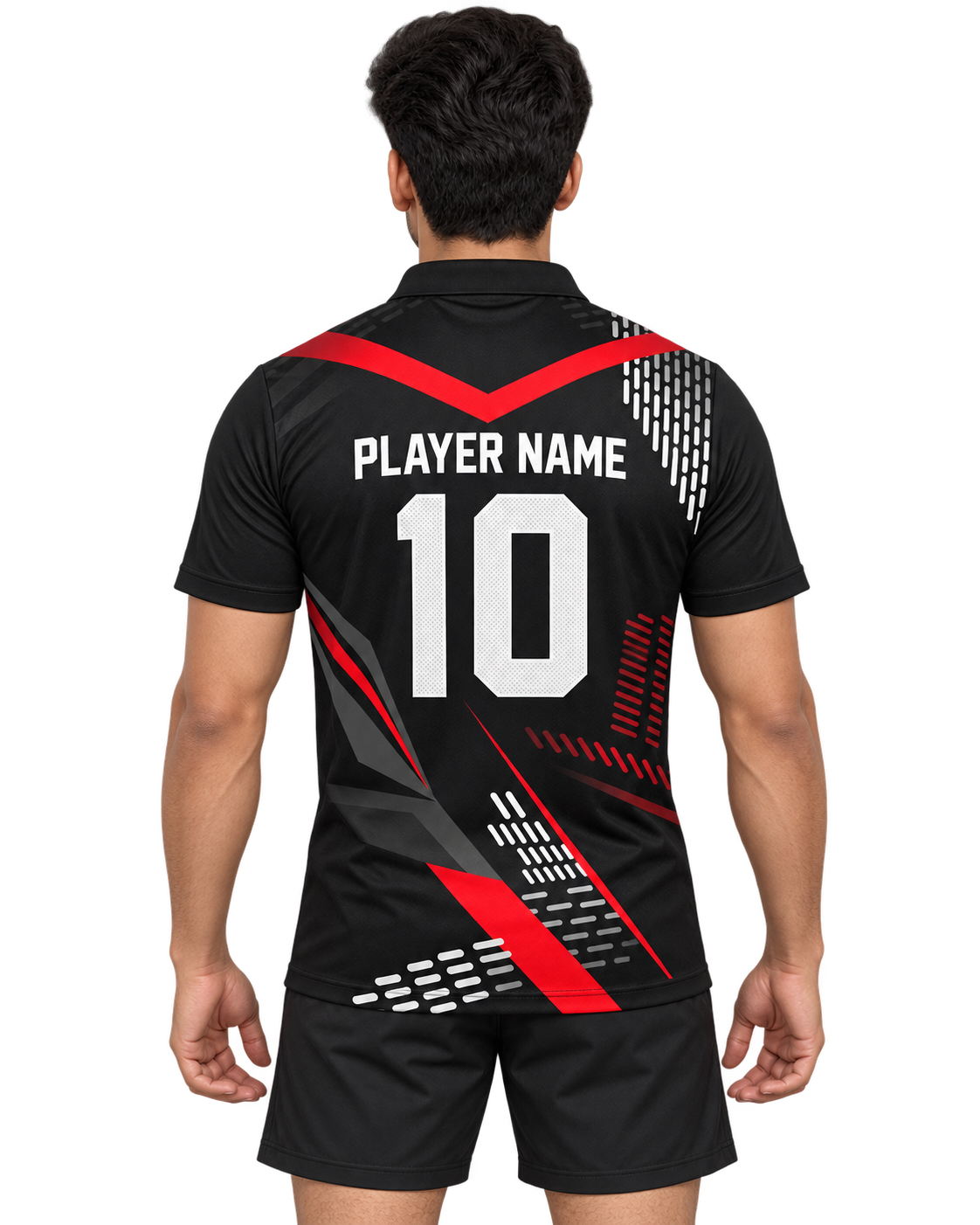 Red Geometric Dash sports polo back with PLAYER NAME and number10