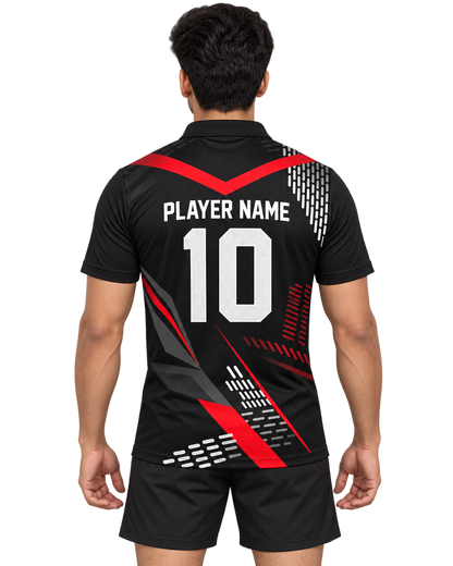 Red Geometric Dash sports polo back with PLAYER NAME and number10