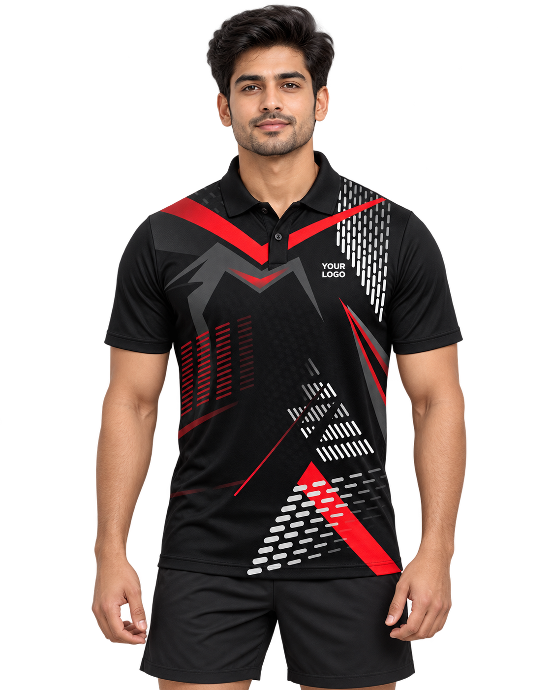 Red Geometric Dash custom sports polo front view