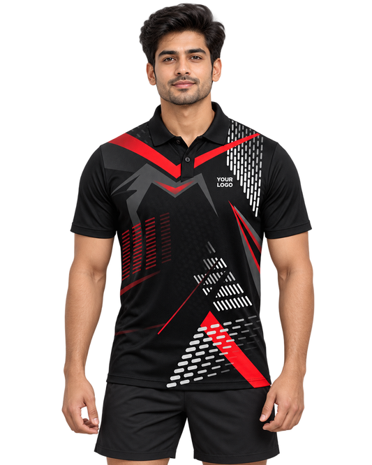 Red Geometric Dash custom sports polo front view