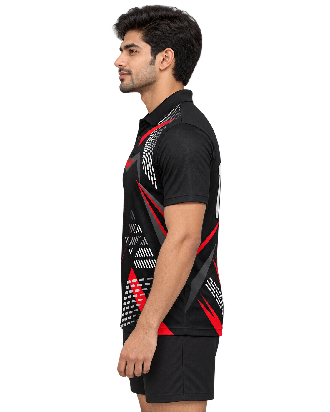 Red Geometric Dash sports polo left profile