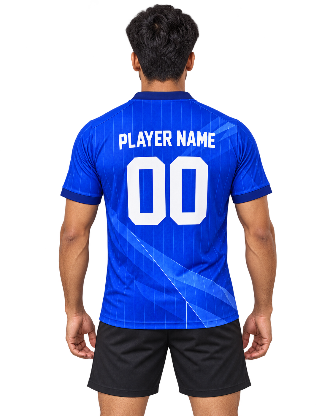 Indian male model wearing the Royal Facet royal-blue V-neck sports jersey with plain black athletic shorts, back view with player name and number