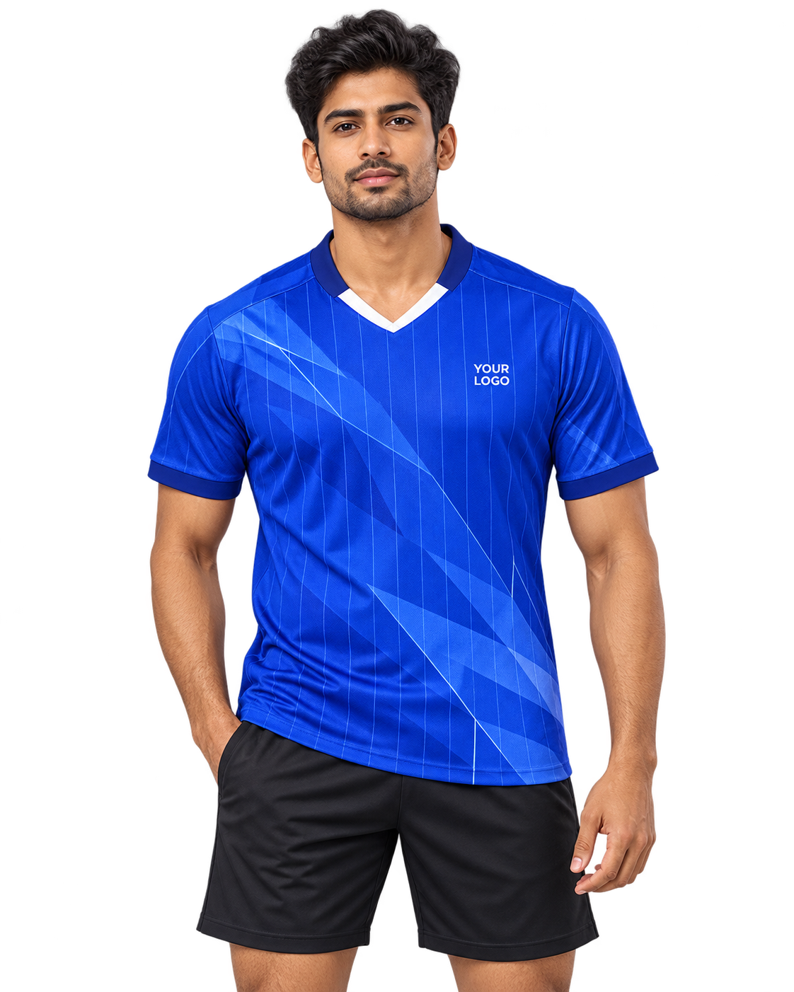 Indian male model wearing the Royal Facet royal-blue V-neck sports jersey with plain black athletic shorts, front view