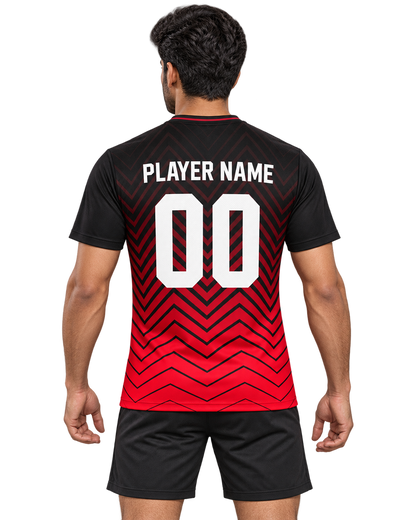Single Indian male model wearing Scarlet Chevron jersey, back view, plain sports shorts
