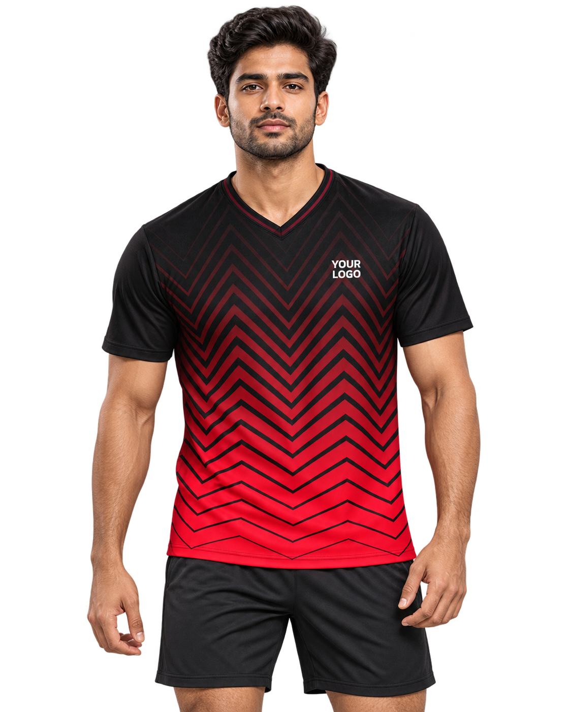 Single Indian male model wearing Scarlet Chevron jersey, front view, plain sports shorts