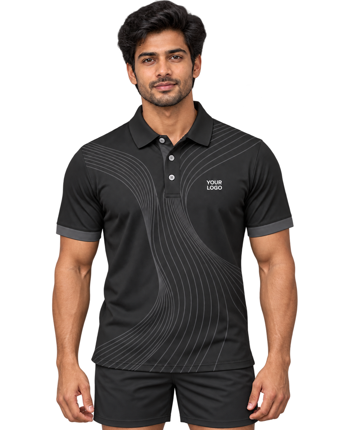 Shadow Wave jersey front model view with plain black sports shorts
