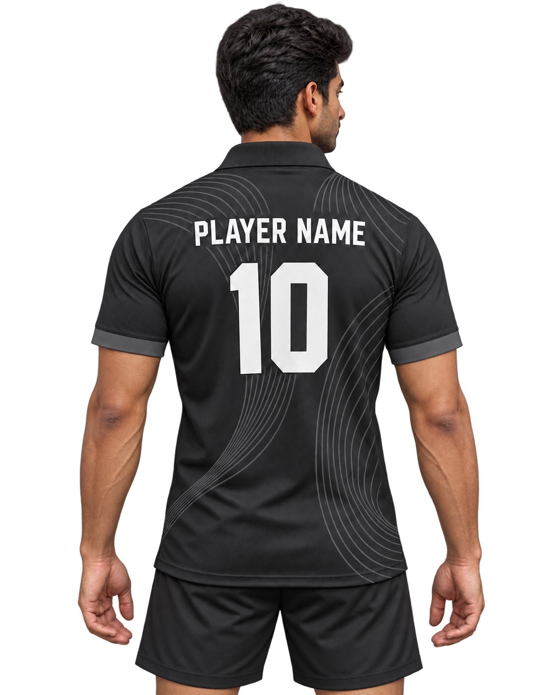 Shadow Wave jersey back model view with plain black sports shorts, PLAYER NAME and number 10