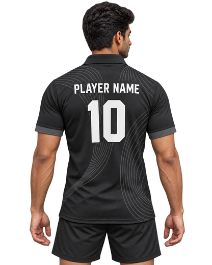 Shadow Wave jersey back model view with plain black sports shorts, PLAYER NAME and number 10