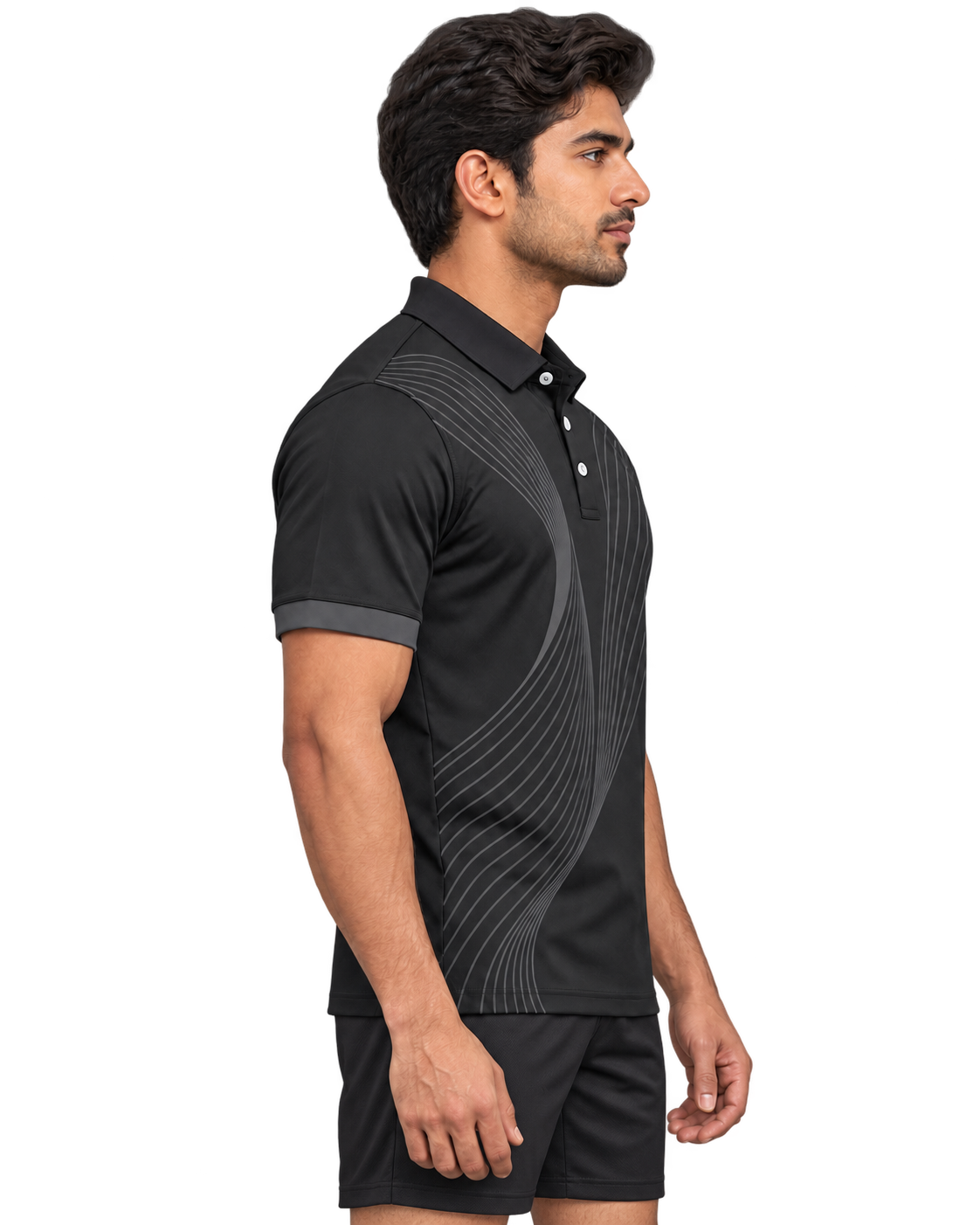 Shadow Wave jersey side model view with plain black sports shorts