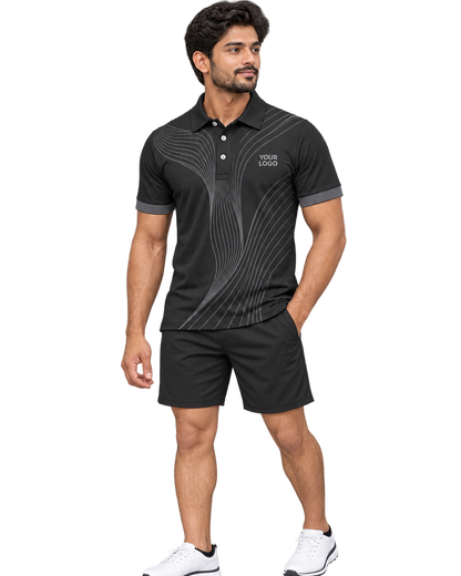 Shadow Wave jersey three-quarter model view with plain black sports shorts