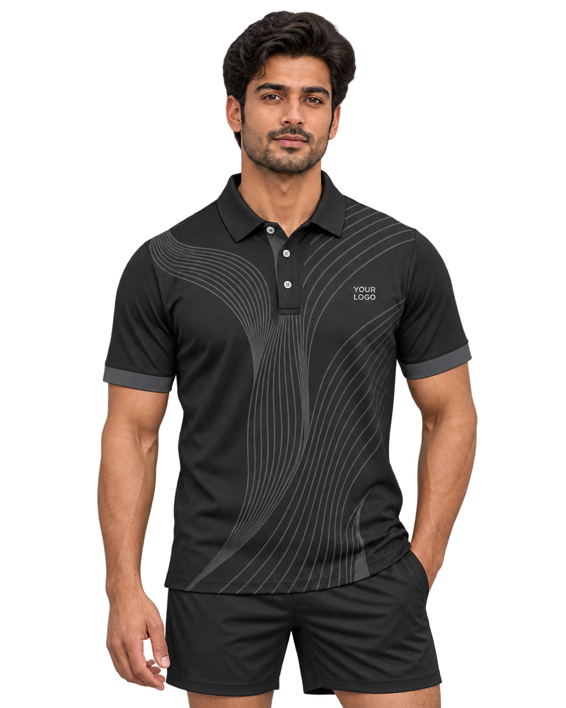 Shadow Wave jersey alternate front model view with plain black sports shorts