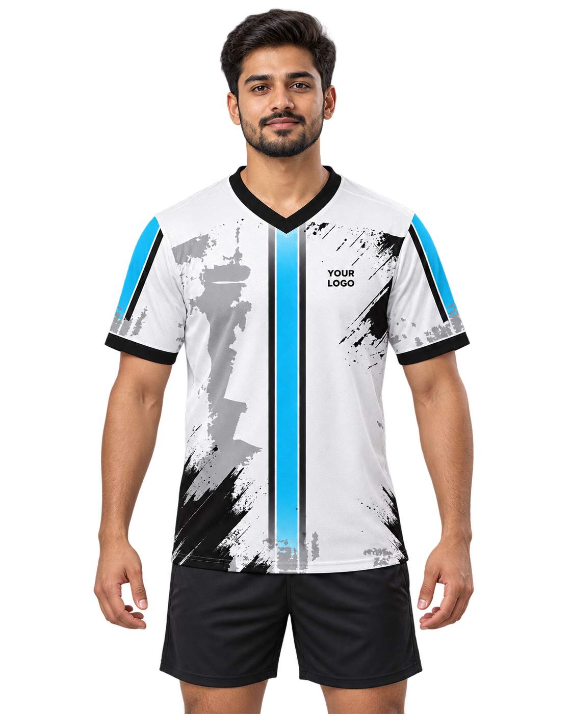 Sky Distress V-neck sports jersey front view