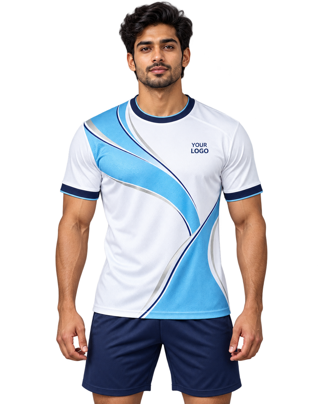 Indian male model wearing the Sky Ribbon white and sky-blue crew-neck sports jersey with plain navy shorts, front view