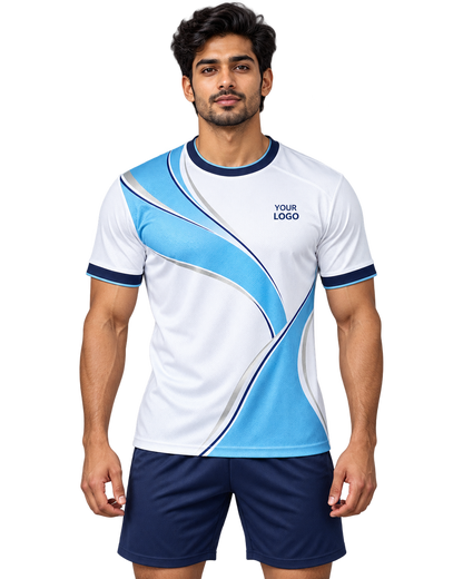 Indian male model wearing the Sky Ribbon white and sky-blue crew-neck sports jersey with plain navy shorts, front view