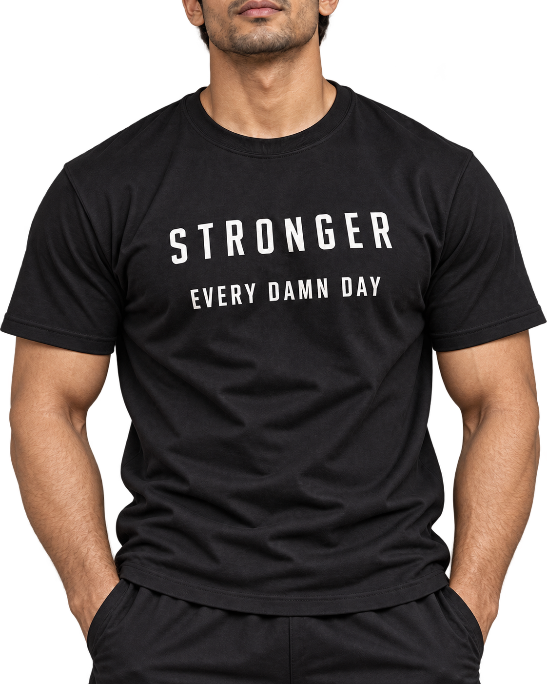 SWANKYFY Stronger Every Damn Day regular fit cotton T-shirt black-detail, natural DTF print, Indian model transparent background