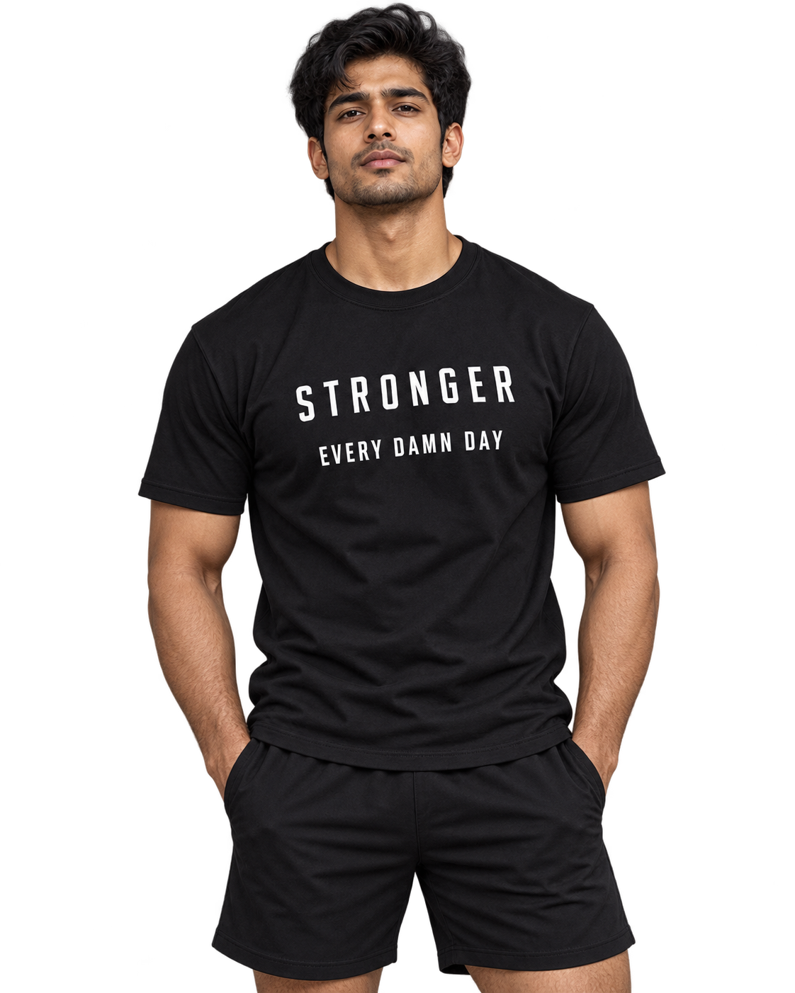 SWANKYFY Stronger Every Damn Day regular fit cotton T-shirt black-front, natural DTF print, Indian model transparent background