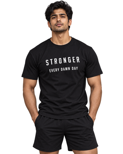 SWANKYFY Stronger Every Damn Day regular fit cotton T-shirt black-front, natural DTF print, Indian model transparent background