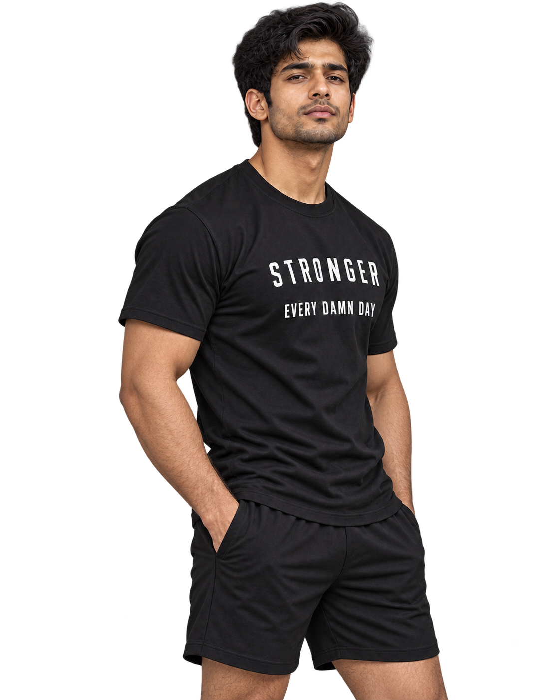 SWANKYFY Stronger Every Damn Day regular fit cotton T-shirt black-side, natural DTF print, Indian model transparent background