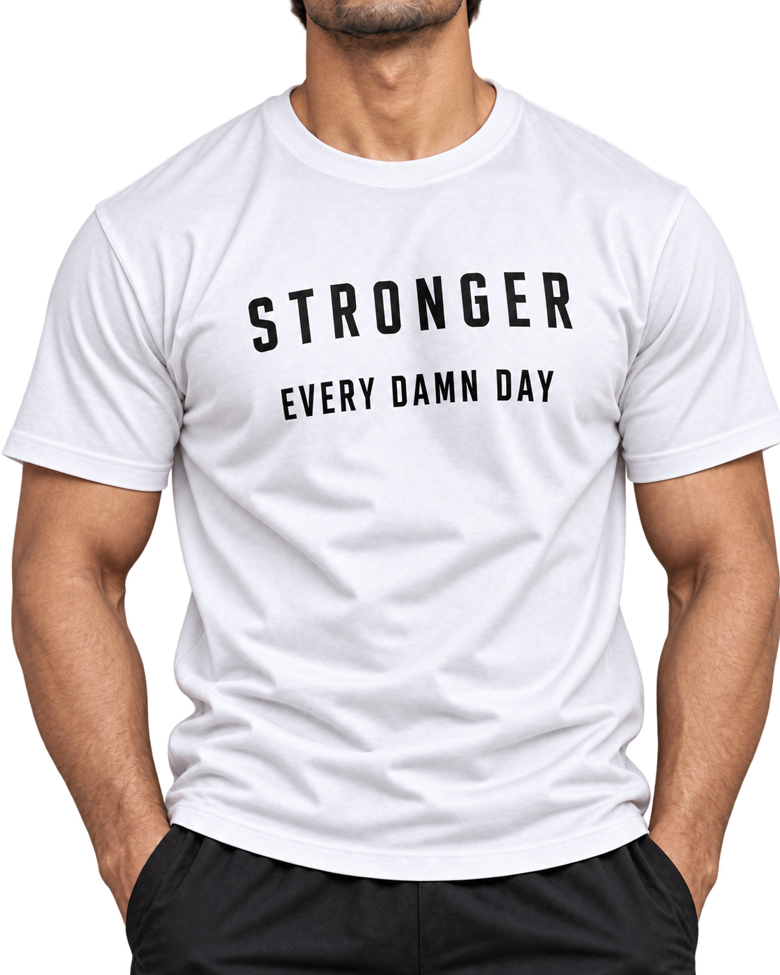 SWANKYFY Stronger Every Damn Day regular fit cotton T-shirt white-detail, natural DTF print, Indian model transparent background