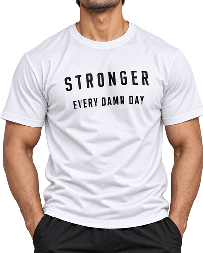 SWANKYFY Stronger Every Damn Day regular fit cotton T-shirt white-detail, natural DTF print, Indian model transparent background