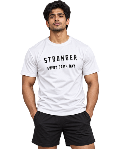 SWANKYFY Stronger Every Damn Day regular fit cotton T-shirt white-front, natural DTF print, Indian model transparent background