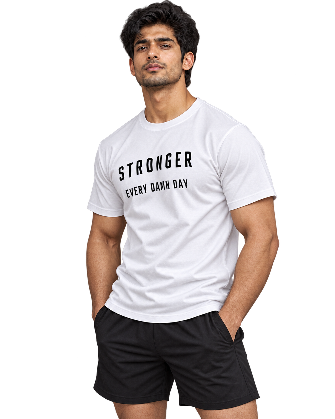 SWANKYFY Stronger Every Damn Day regular fit cotton T-shirt white-side, natural DTF print, Indian model transparent background