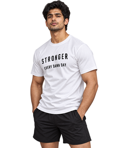 SWANKYFY Stronger Every Damn Day regular fit cotton T-shirt white-side, natural DTF print, Indian model transparent background