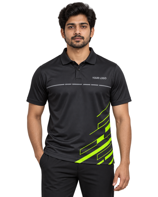 Apex Vector Custom Name & Number Sports Polo — single Indian male model front view