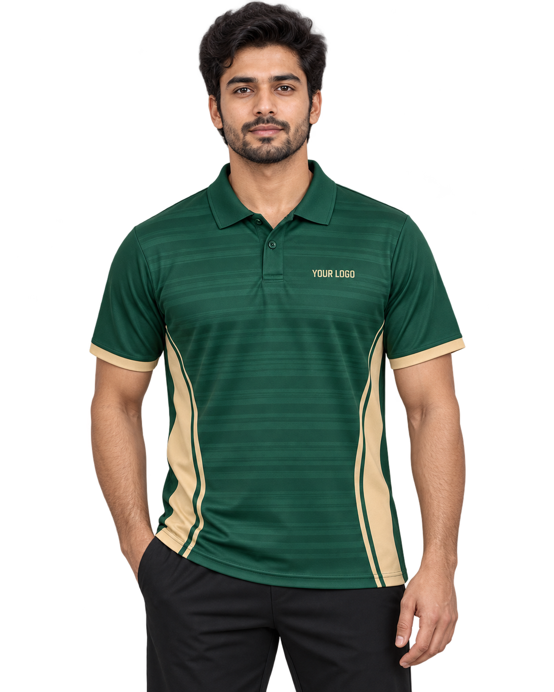 Boundary Bolt Custom Name & Number Sports Polo — single Indian male model front view