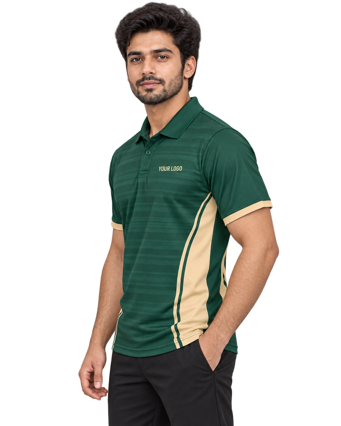 Boundary Bolt Custom Name & Number Sports Polo — single Indian male model left-side view