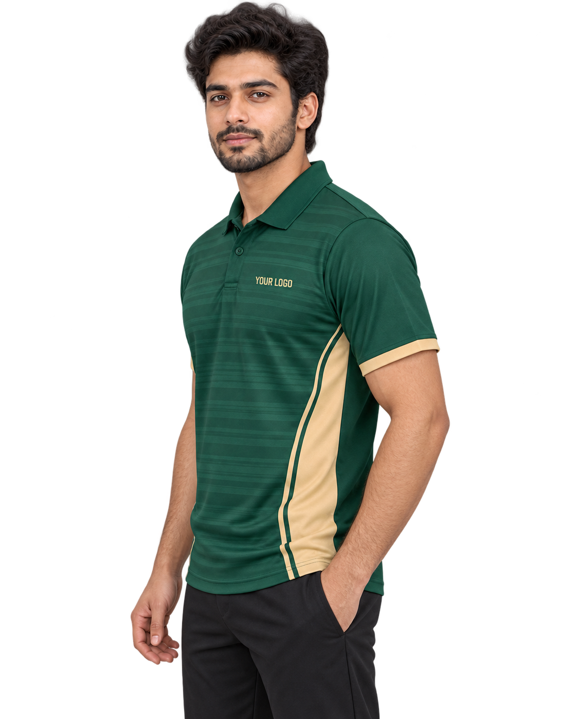 Boundary Bolt Custom Name & Number Sports Polo — single Indian male model right-side view