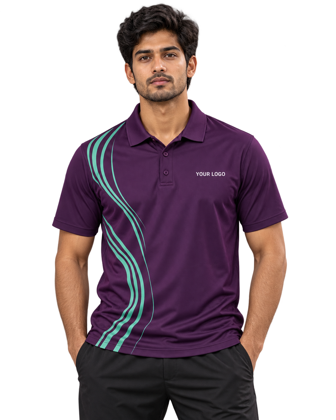 Court Current Custom Name & Number Sports Polo — single Indian male model front view